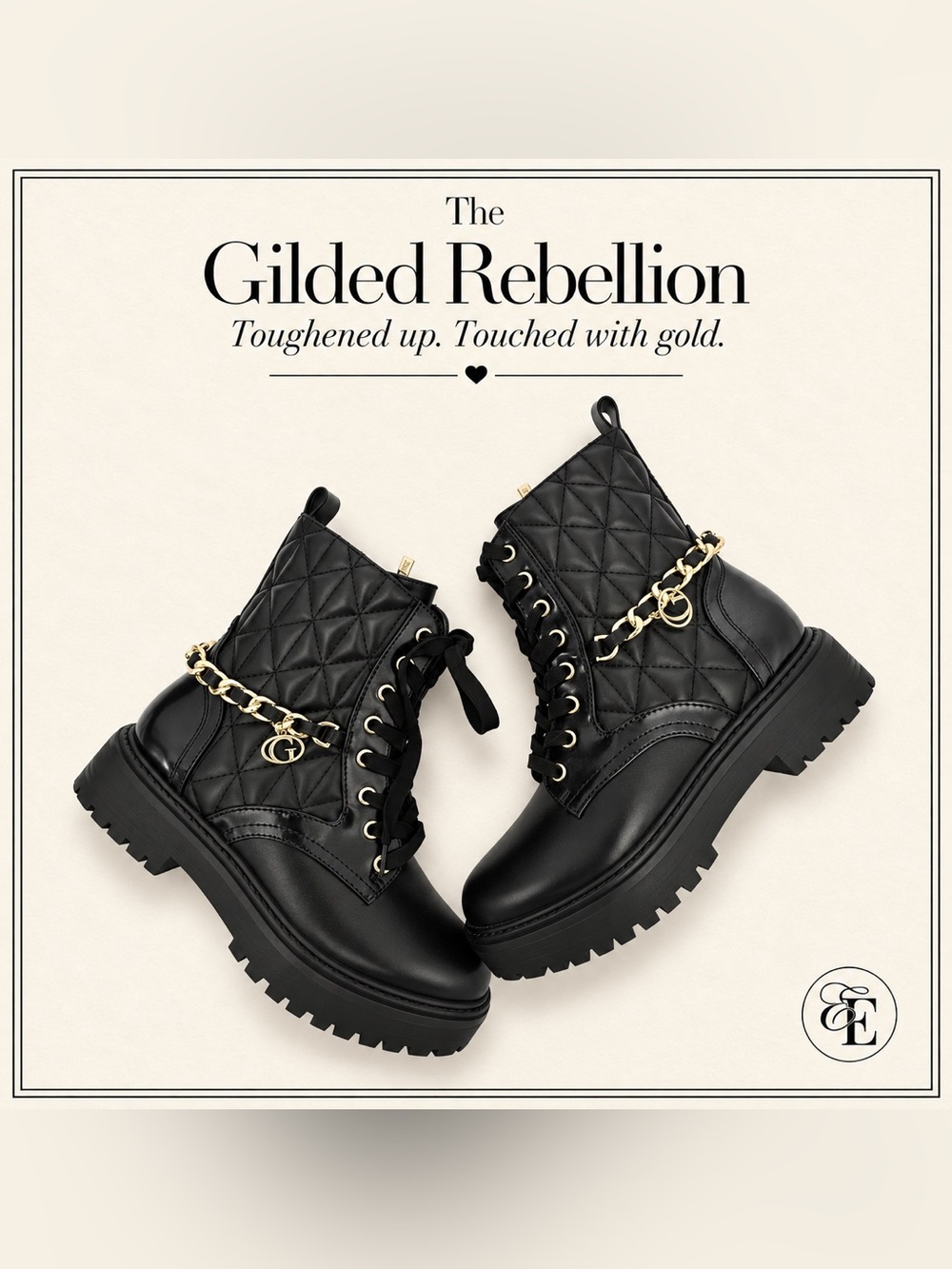 NEW GUESS Jellard Black Quilted Gold Chain Combat Boots Size 7.5